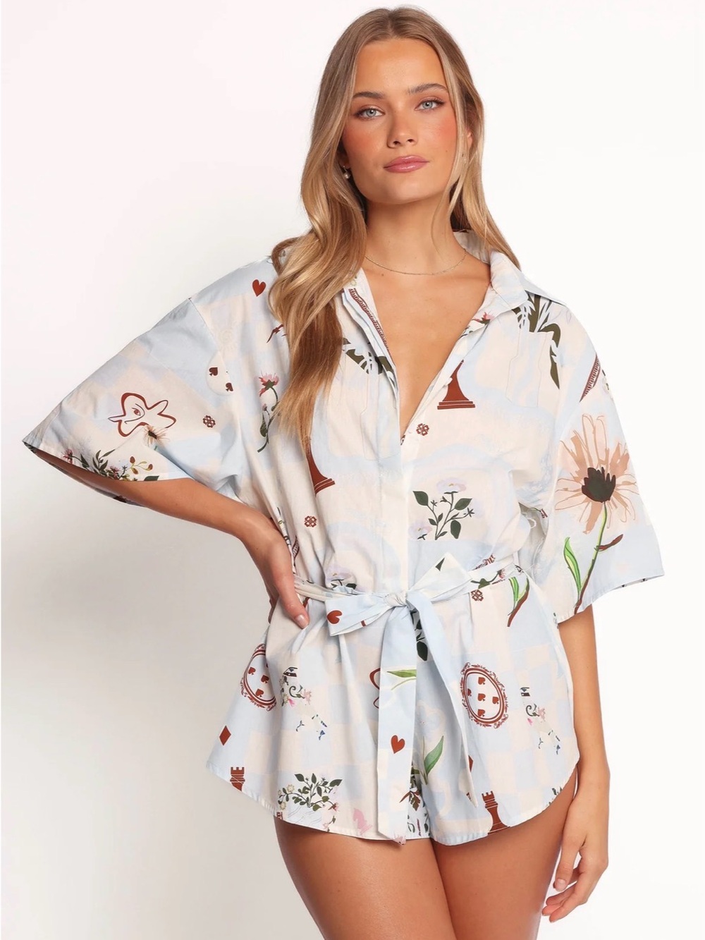 Petal & Pup Light Blue & Cream Floral Button-Up Romper